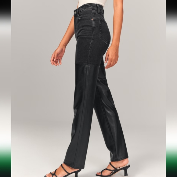 A&F ♡ faux leather black jeans 32 / 14 90s straight ultra high rise abercrombie - Picture 9 of 12